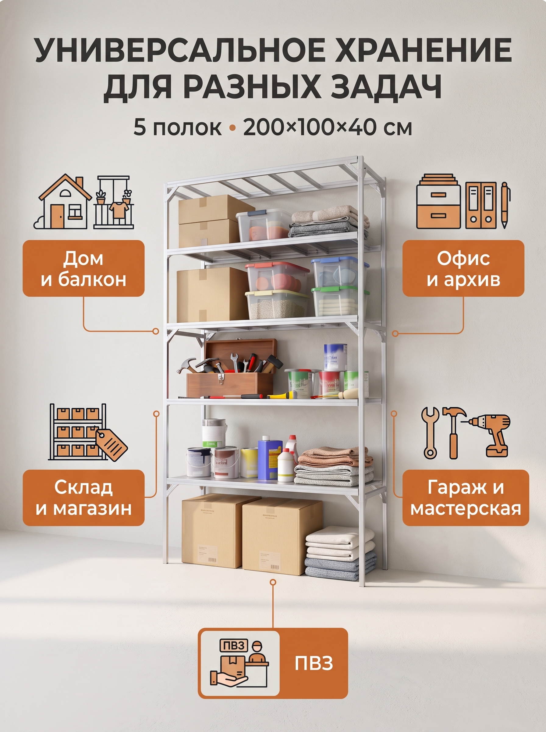 Стеллаж металлический 5 полок 200*100*40 см. Фото 4 Стеллаж металлический 5 полок 200*100*40 см. Фото 4